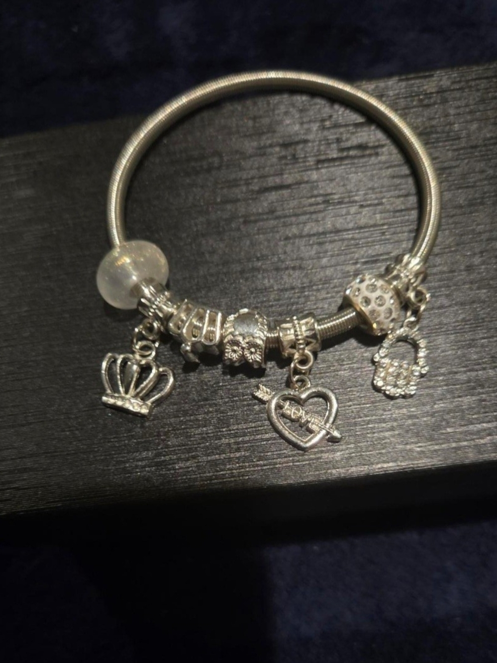 Silver Charm Bangle Bracelet with Crown, Heart and Padlock Charms